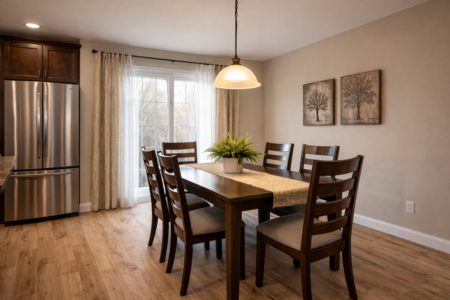 Warm dining room with wooden table, six chairs, and a fern centerpiece, lit by pendant light. Stainless steel fridge and tree art on beige walls.