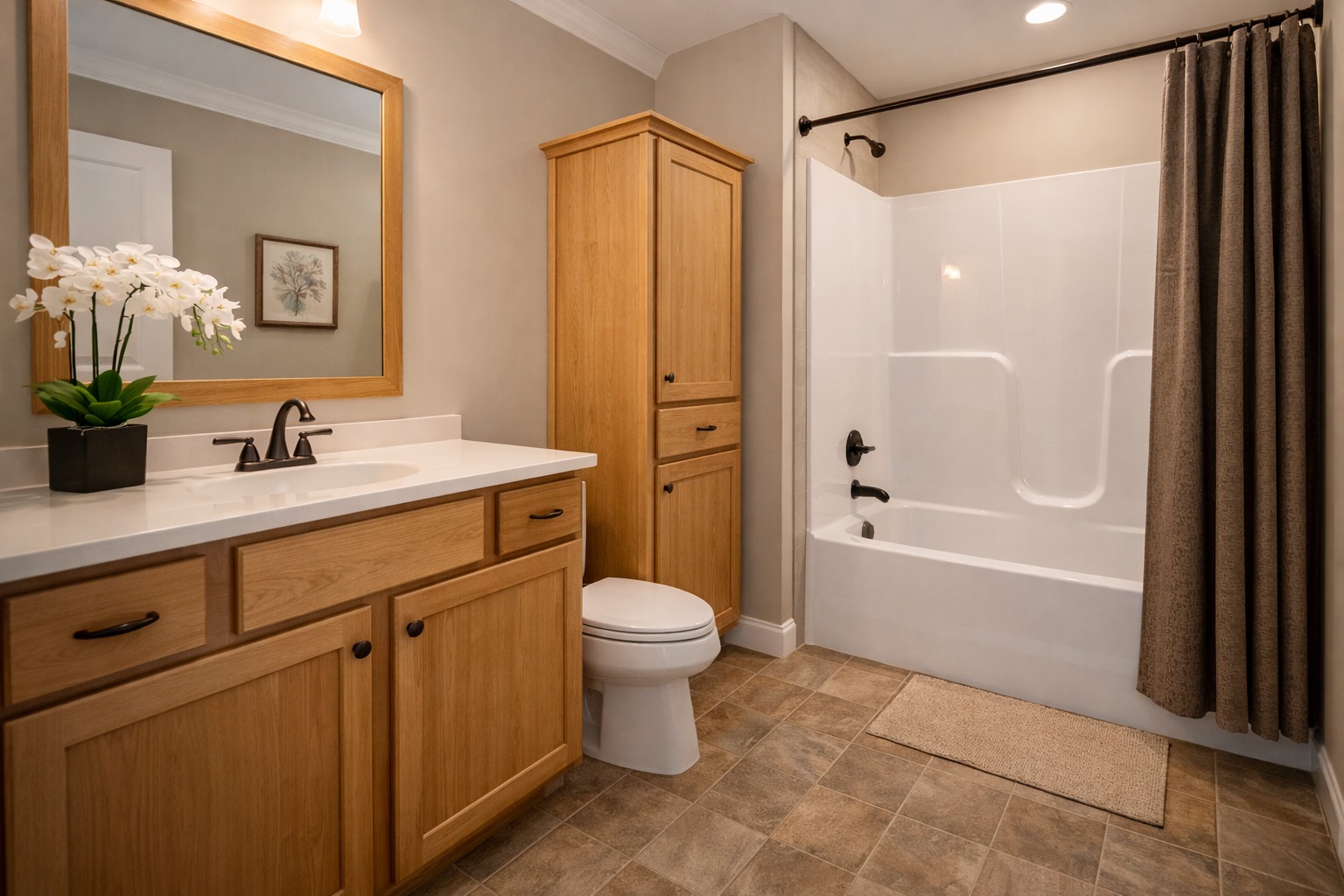 Cozy bathroom with wood cabinets, a beige countertop with a potted orchid, white tub, brown shower curtain, and neutral-toned walls and tiles.