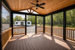 Screened porch with wooden ceiling and floor, overlooking a white house in a sunny, tree-lined outdoor setting. A black ceiling fan hangs above.