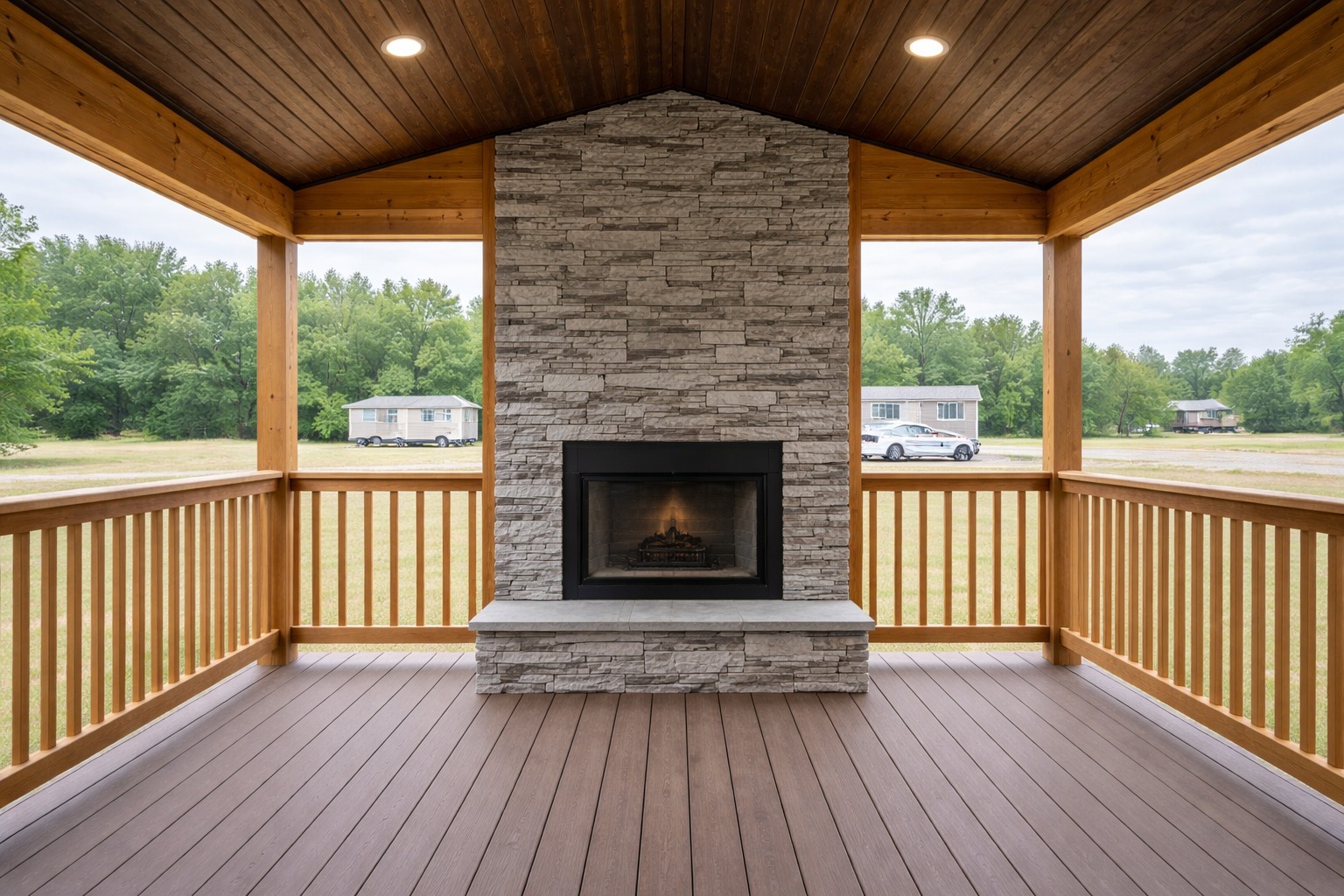 Covered porch with wooden ceiling and floor, featuring a central stone fireplace. Surrounding green landscape and overcast sky create a cozy, serene ambiance.