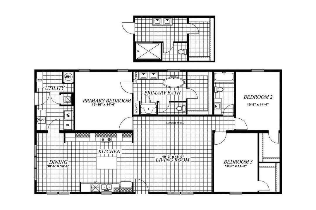 Floor plan of a house featuring a primary bedroom, two additional bedrooms, kitchen, dining area, living room, two bathrooms, and utility room.