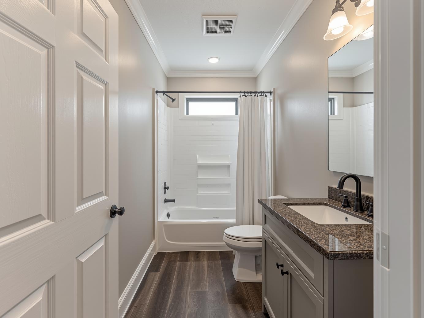A modern bathroom with a dark wood floor, white walls, and a white bathtub. A large mirror and a granite countertop contrast with sleek fixtures, exuding elegance.