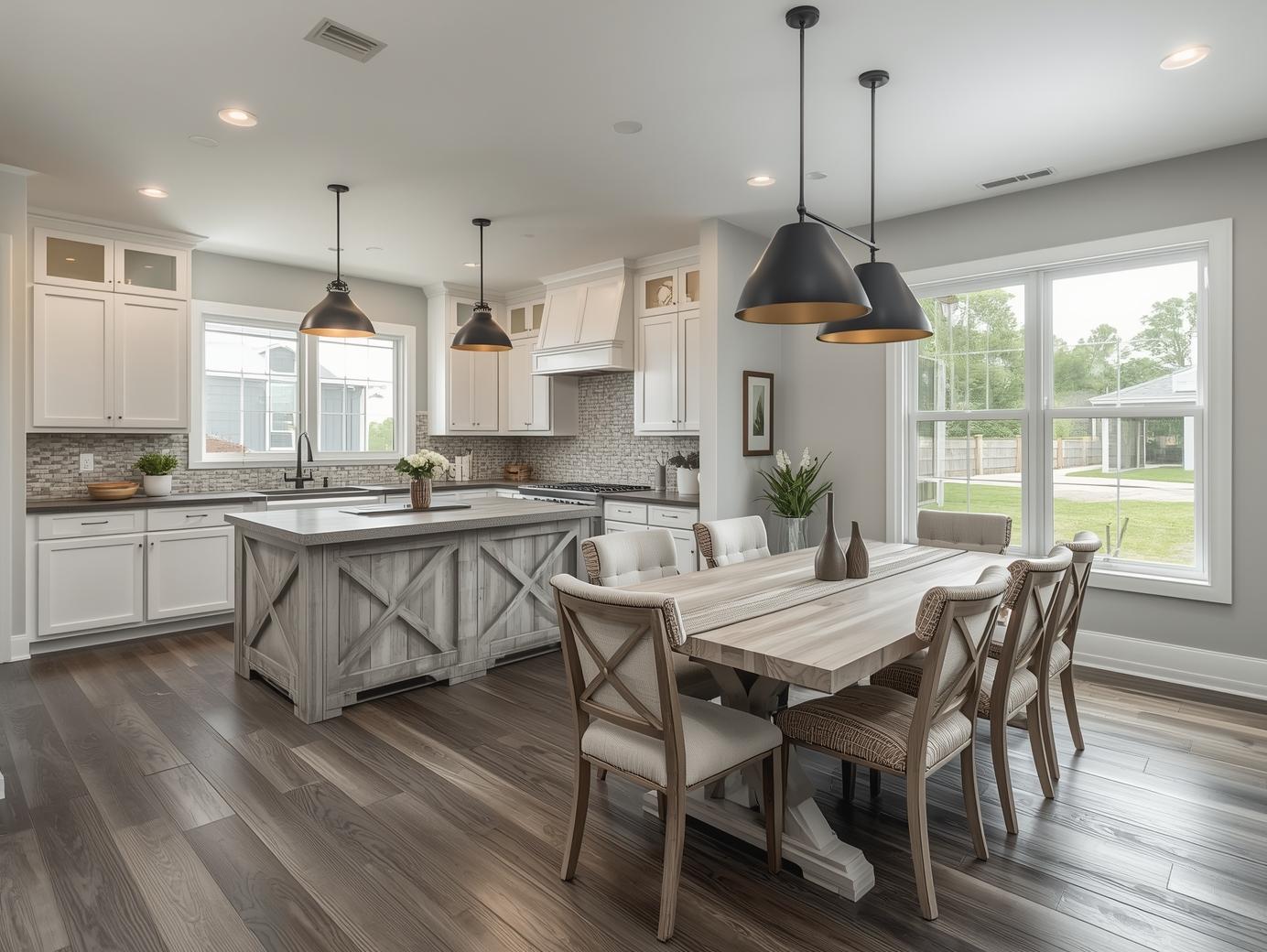 Bright kitchen-dining area with a rustic wood table, cushioned chairs, and modern pendant lights. Large windows and light cabinets create an airy feel.