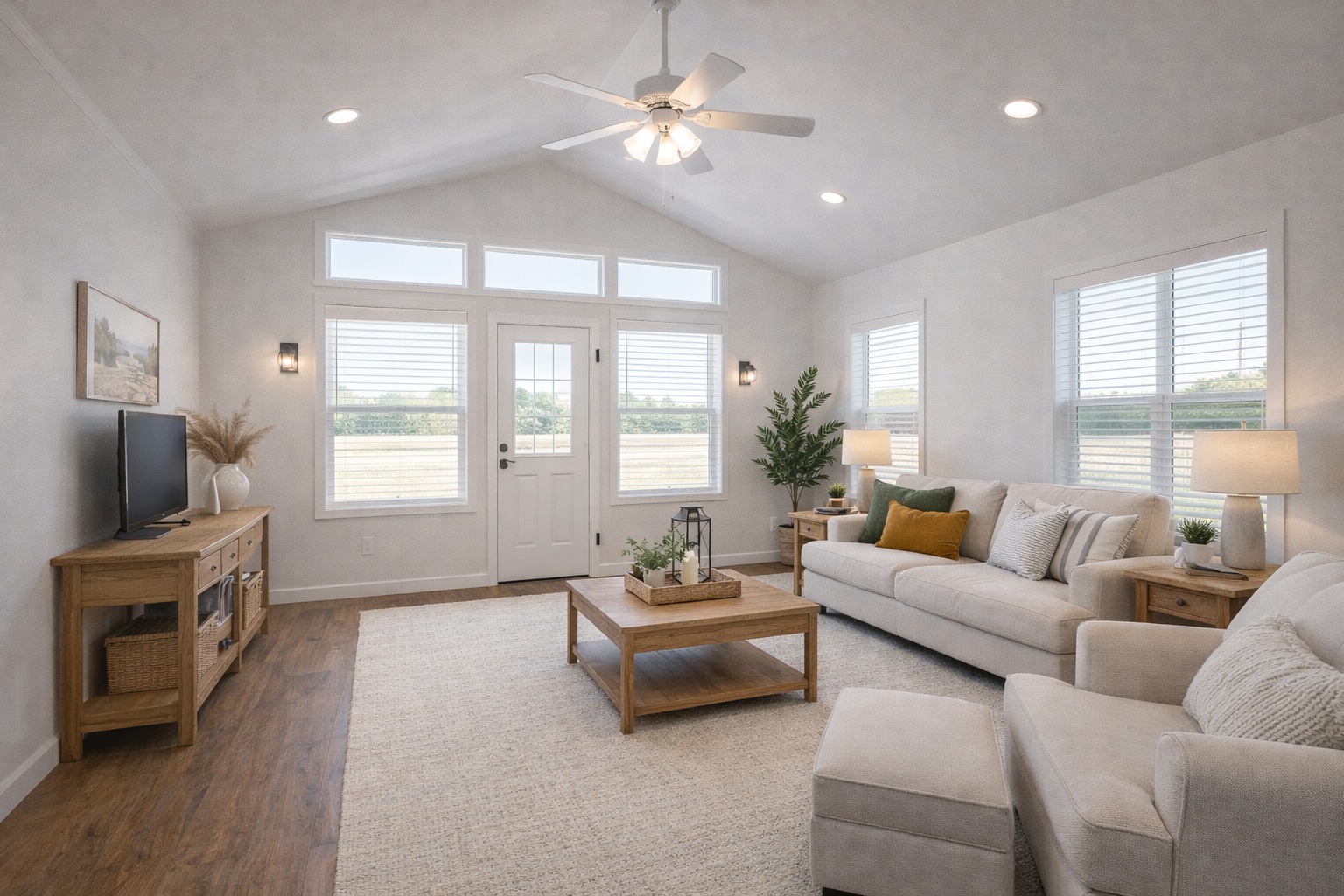 Bright, airy living room with a ceiling fan, white walls, large windows, beige sofas, wooden furniture, and decor plants, exuding a cozy, inviting vibe.