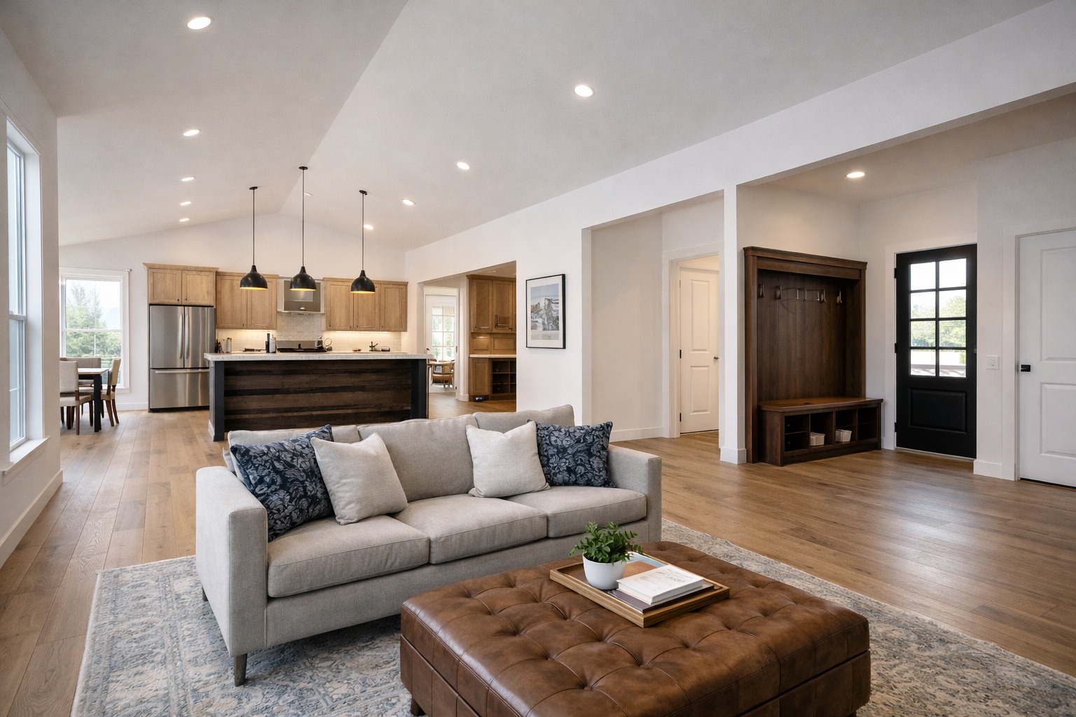 Spacious open-plan living room and kitchen with wooden floors. Features a light gray couch, leather ottoman, modern kitchen island, and natural light.