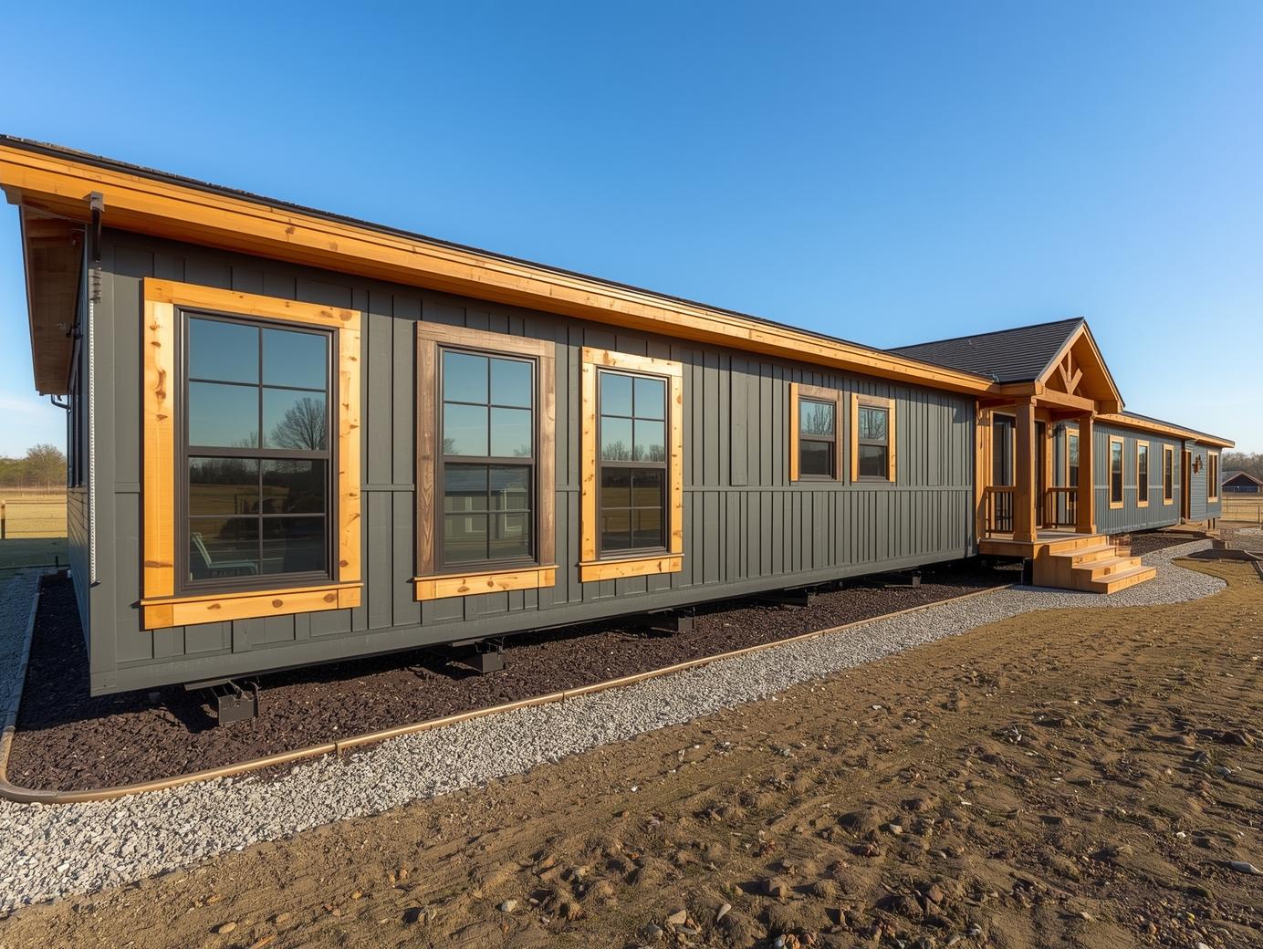 A modern modular home with dark gray siding and contrasting wood trim. Large windows line the side, and a small porch and stairs lead to the entrance.