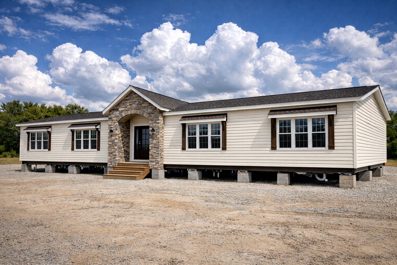 A single-story, beige modular home with a stone arch entrance is set on gravel under a partly cloudy sky, conveying a sense of simplicity and tranquility.