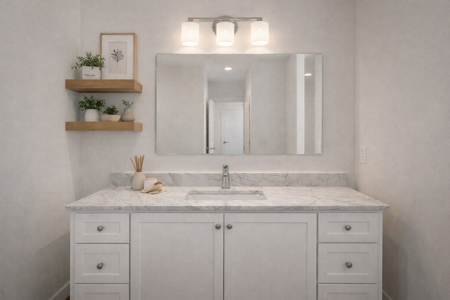 Modern bathroom with marble countertop, large mirror, and white vanity. Wooden shelves hold small plants. Warm lighting gives a calm, inviting feel.