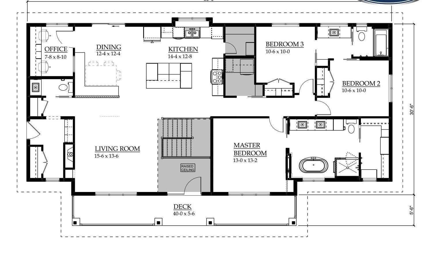 Floor plan of a single-story house with labeled rooms: living room, kitchen, dining, office, master bedroom, two additional bedrooms, and a deck.