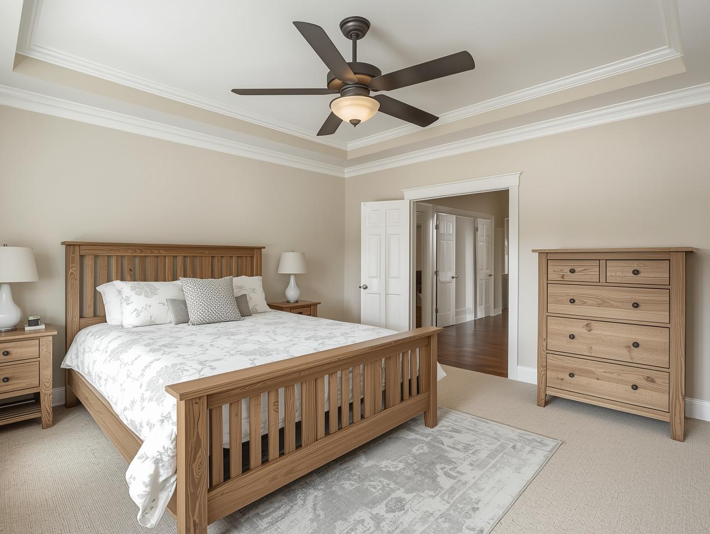 A serene bedroom with a wooden bed, floral bedspread, and two matching nightstands. A ceiling fan, dresser, and neutral walls create a cozy, peaceful ambiance.