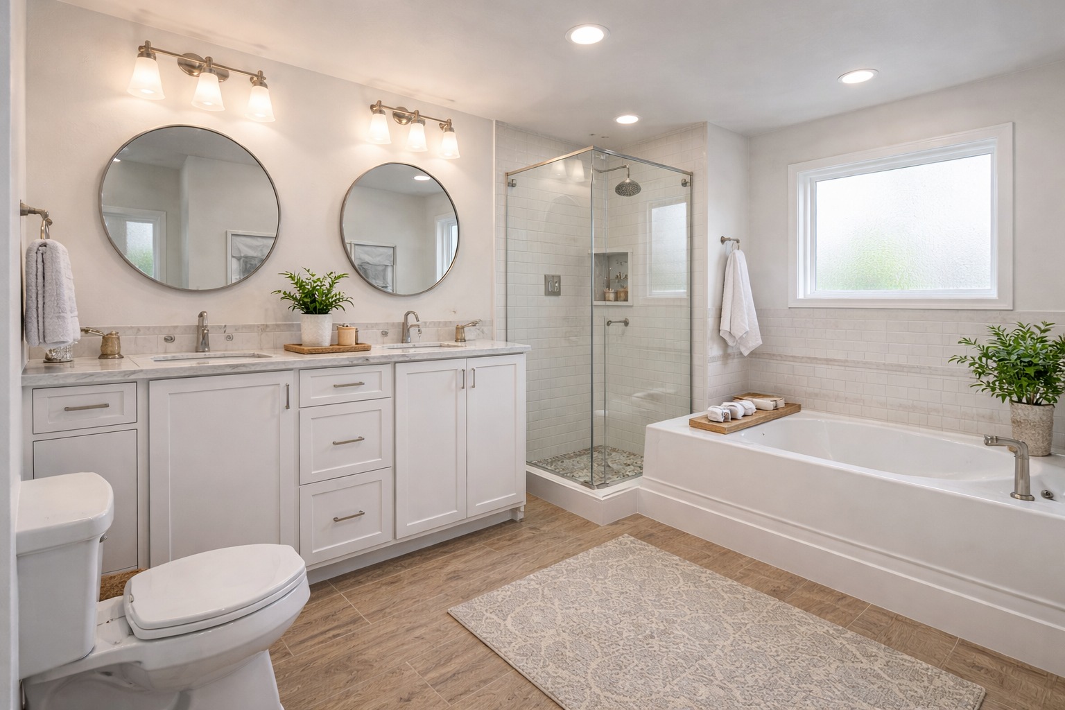 Modern bathroom with dual sinks, round mirrors, and elegant lighting. Glass shower, tub, and plants create a fresh, serene ambiance. Light wood floor.
