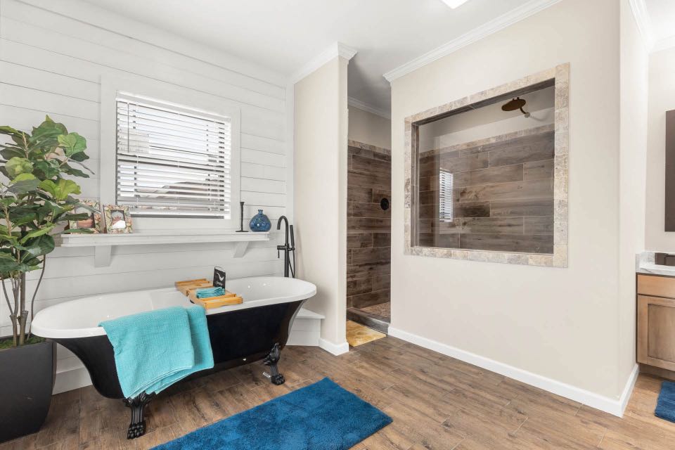 A bright bathroom with a vintage black-and-white clawfoot tub, blue accents, and wood elements. A large shower with natural stone and a leafy plant add warmth.