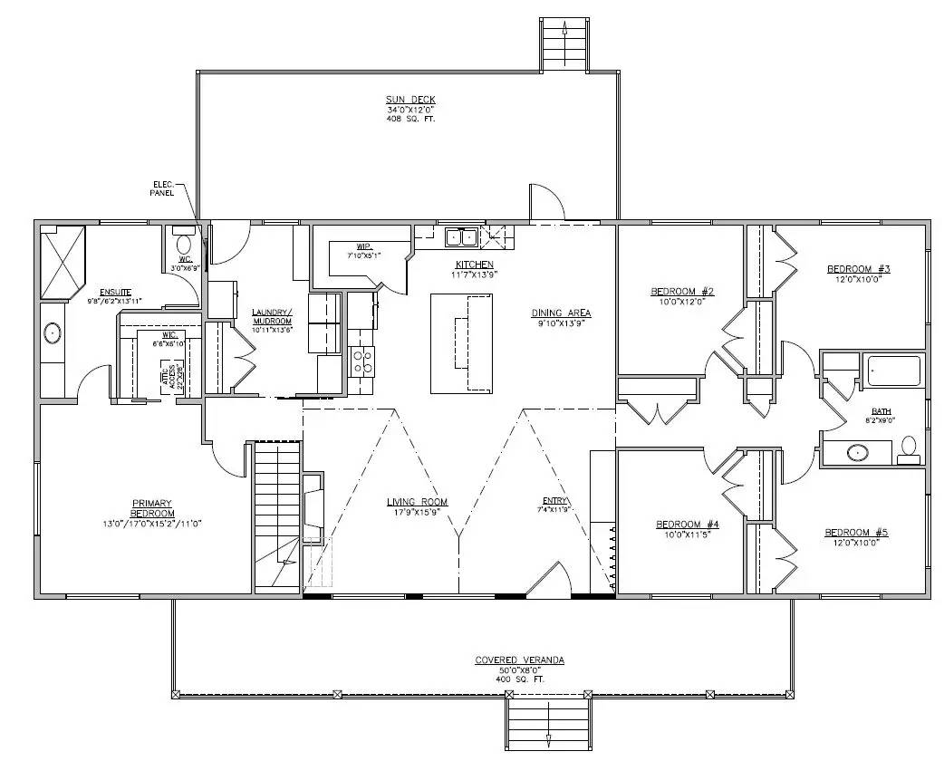 Floor plan illustration showing a house layout. Features include a living room, kitchen, dining area, three bedrooms, bathrooms, sun deck, and covered veranda.