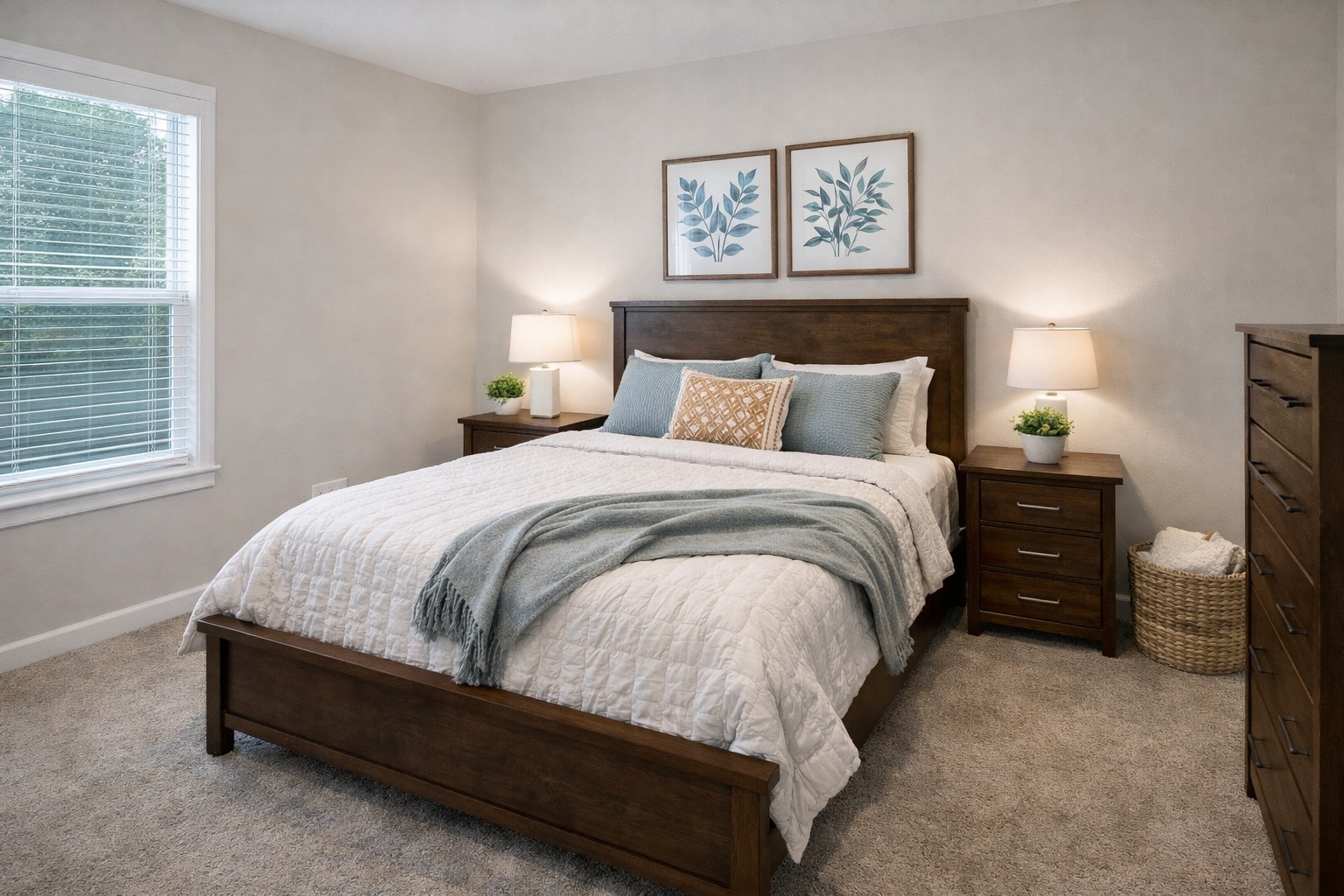 A cozy bedroom features a wooden bed with white bedding, a green throw, and decorative pillows. Two leaf prints hang above. Lamps and plants on nightstands add warmth.
