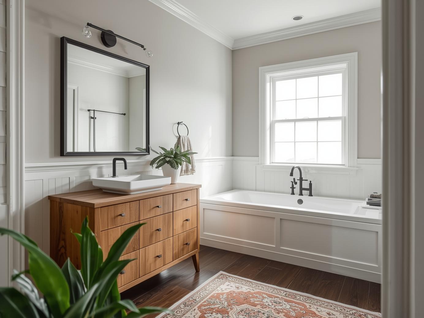 Modern bathroom with a wooden vanity, vessel sink, large mirror, and a built-in bathtub under a window. Light gray walls, dark wood floor, and a leafy plant add elegance.