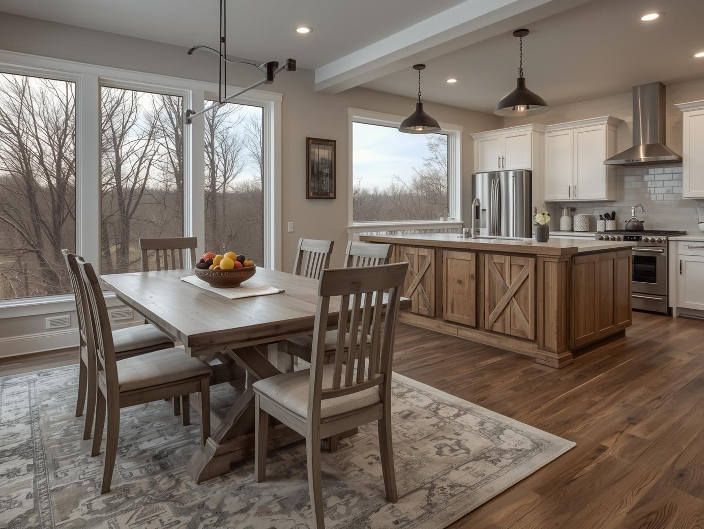 Spacious kitchen and dining area with a rustic wooden table, chairs, and island. Large windows offer a view of bare trees, creating a cozy, tranquil ambiance.