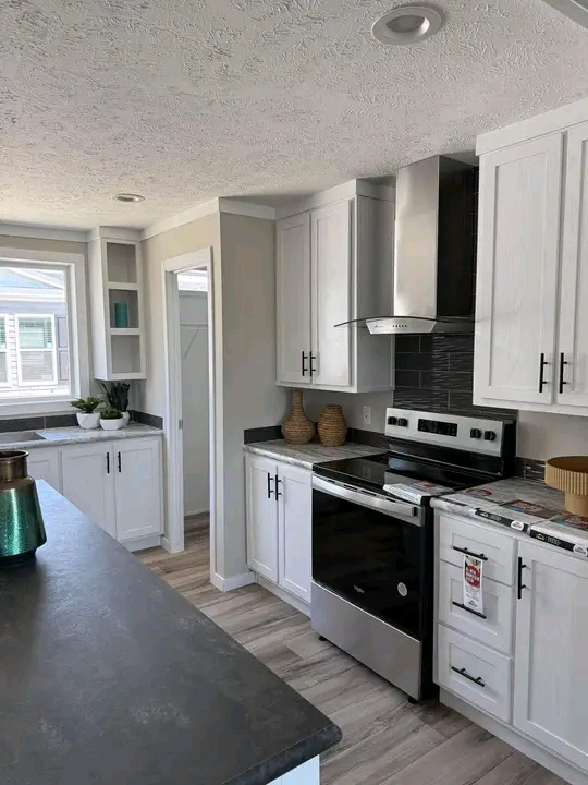 Modern kitchen with white cabinets, stainless steel stove, and range hood. A black countertop island is in the foreground, plants near a window. Cozy and bright.