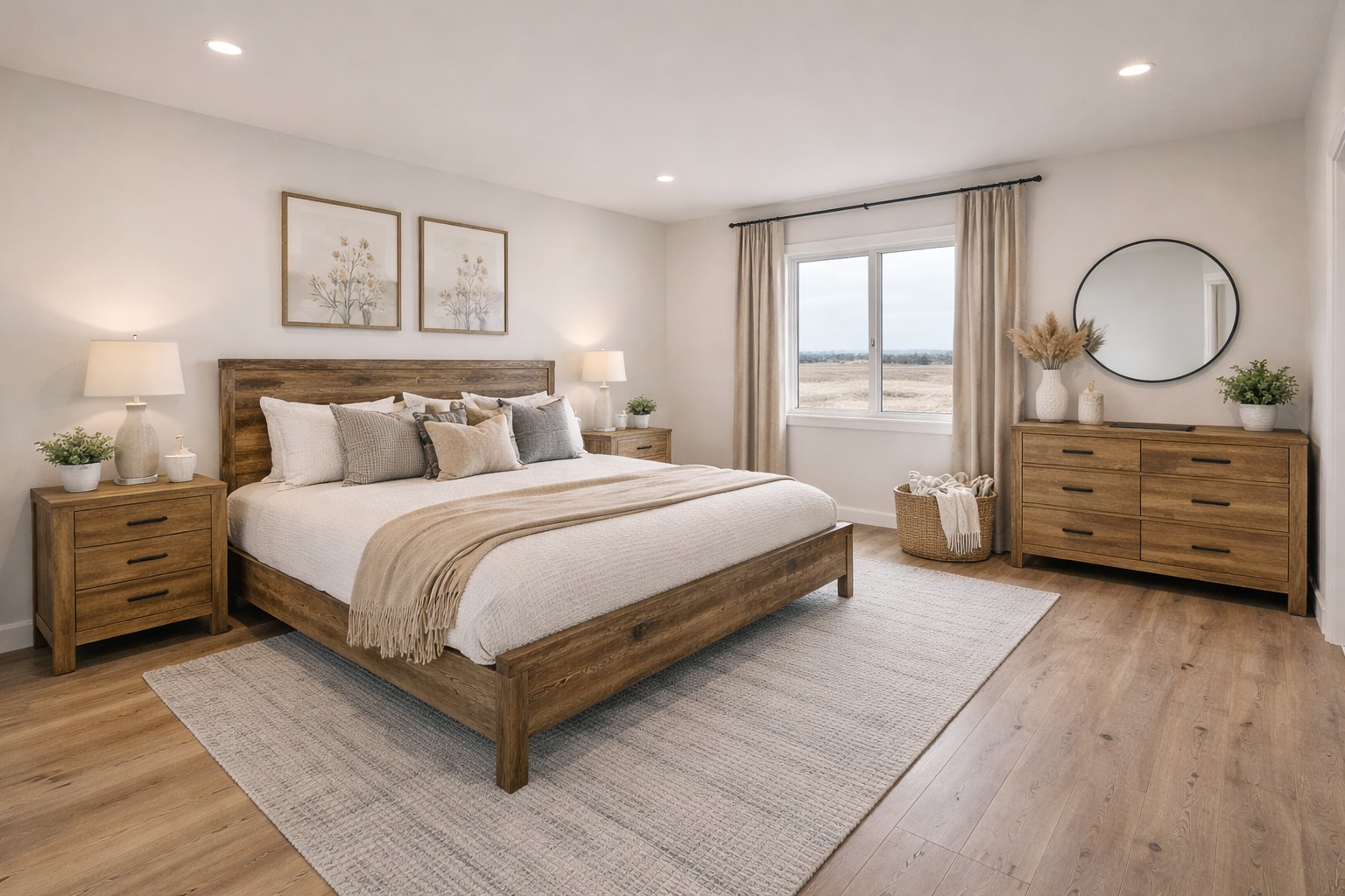 Cozy bedroom with a wooden bed, beige bedding, and matching nightstands. Soft lighting, nature art, and a large window create a calm, serene atmosphere.