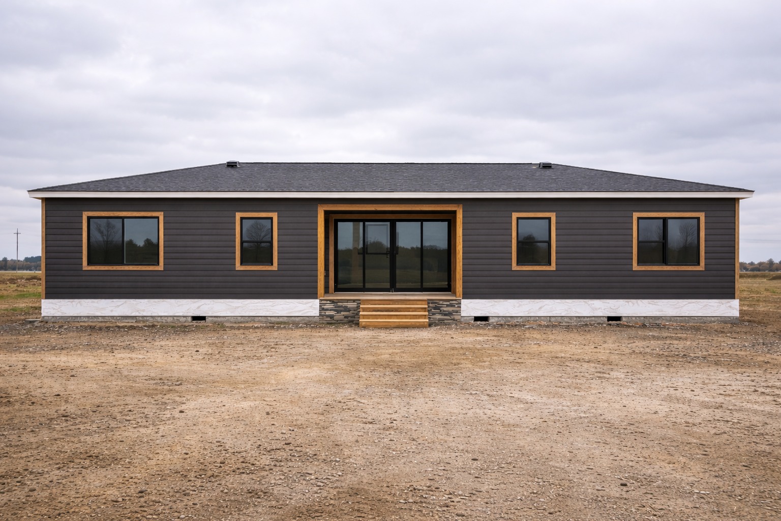 Modern, single-story gray house with a black roof, featuring a central entrance flanked by large windows, set in a barren landscape under cloudy skies.