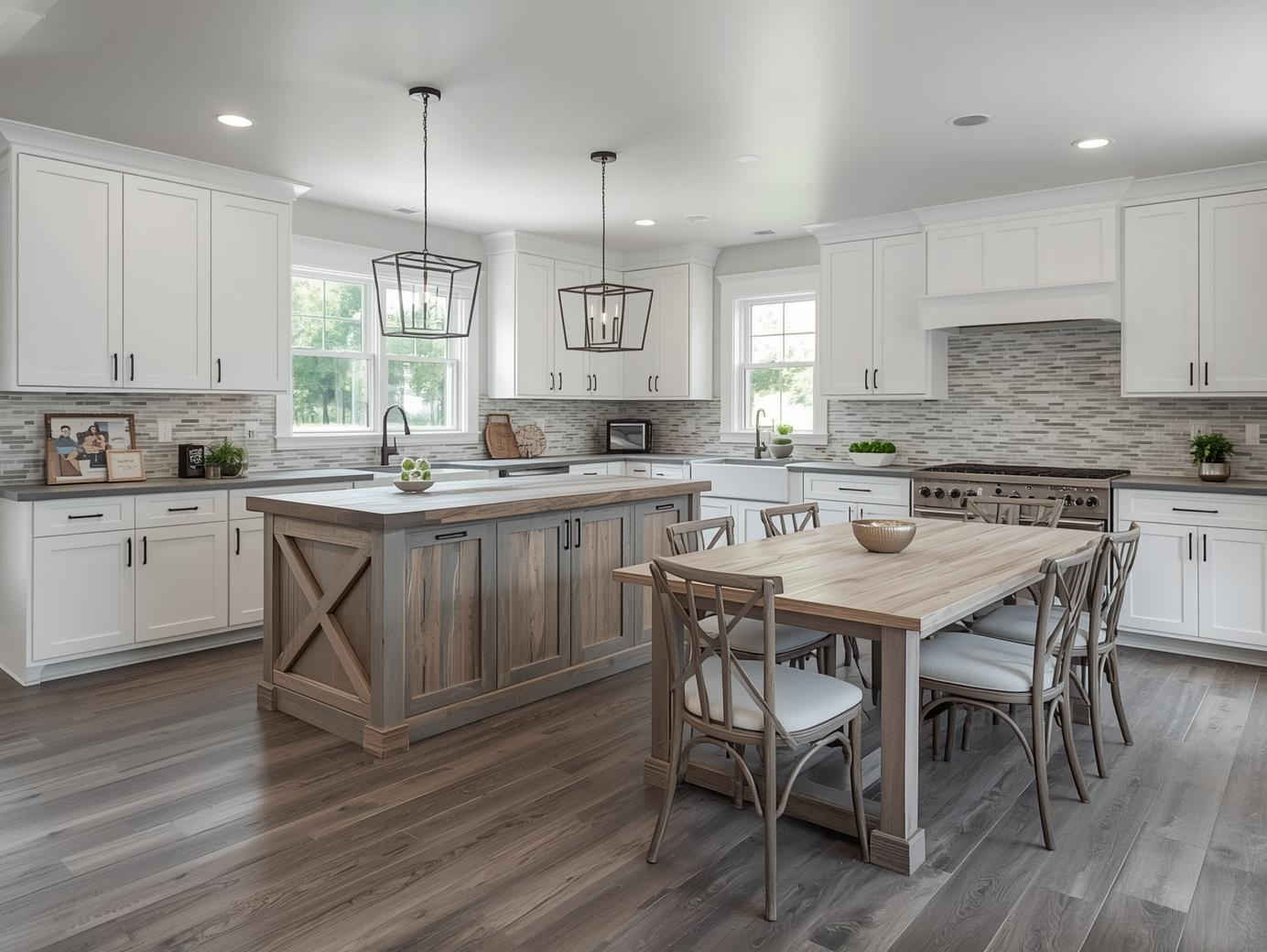 Modern kitchen with white cabinetry, wood island, and dining table. Gray backsplash, large windows, and pendant lights create a bright, cozy feel.