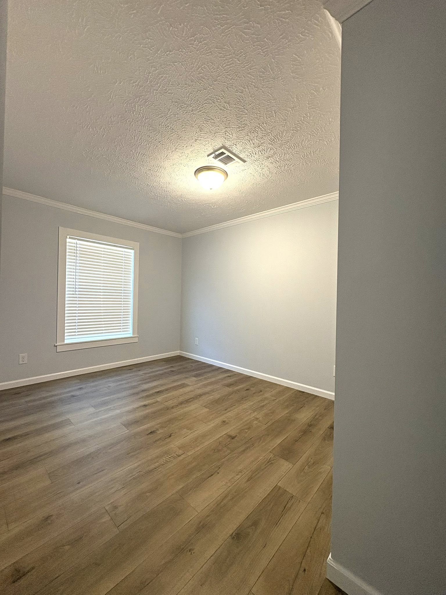 Empty room with light gray walls, a ceiling light fixture, and wide-plank wood flooring. A window with closed blinds adds a soft, calm ambiance.