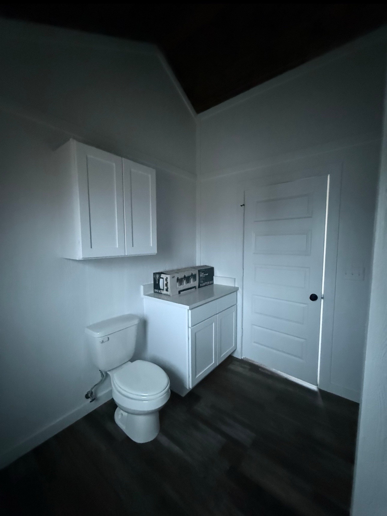 A dimly lit bathroom with white walls features a toilet, a countertop with a box, and a white cabinet above. The mood is calm and minimalistic.