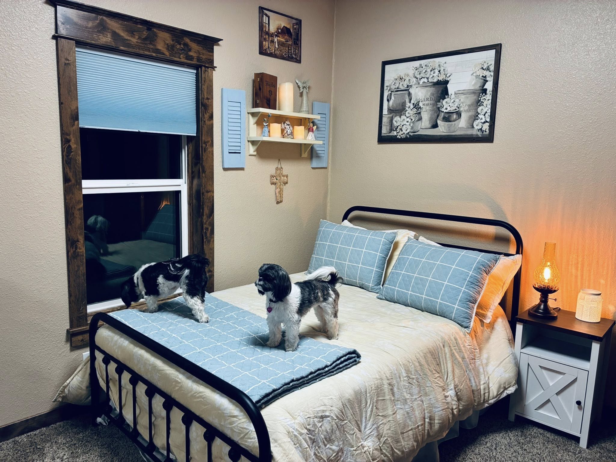 A cozy bedroom with a neatly made bed featuring light blue plaid pillows and blanket. Two small dogs play on the bed. Warm lighting and wall decor add charm.
