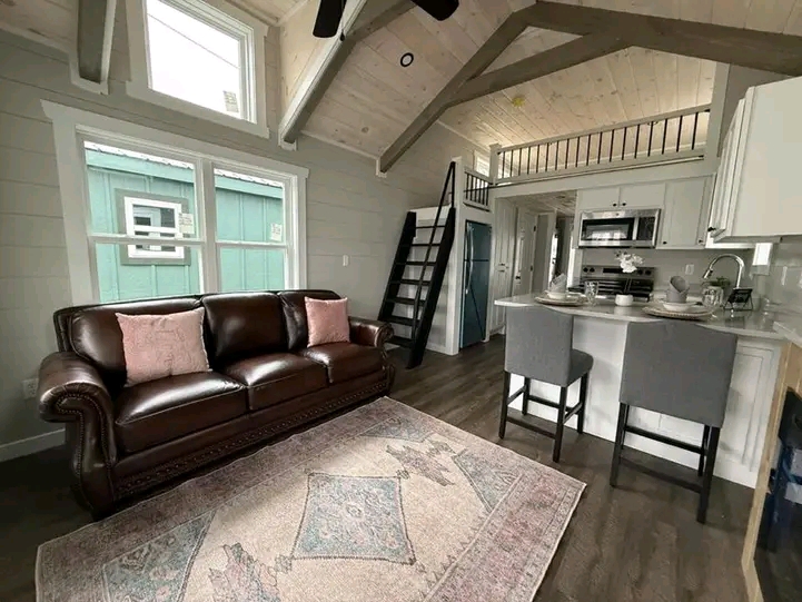Cozy tiny house interior with vaulted ceilings, featuring a brown leather sofa with pink pillows, adjacent loft ladder, and compact kitchen area.