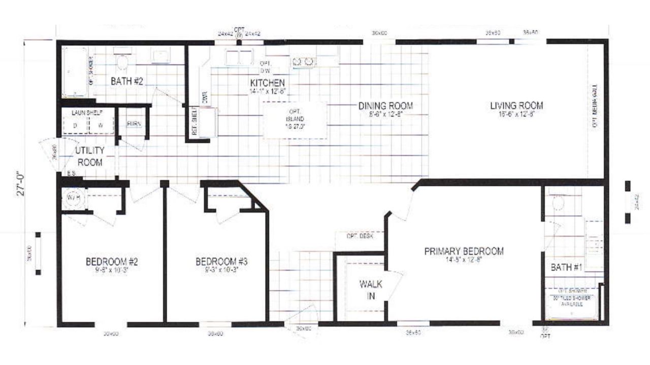 Floor plan of a house featuring three bedrooms, two bathrooms, kitchen, dining and living rooms. Includes utility room and walk-in closet. Minimalist layout.