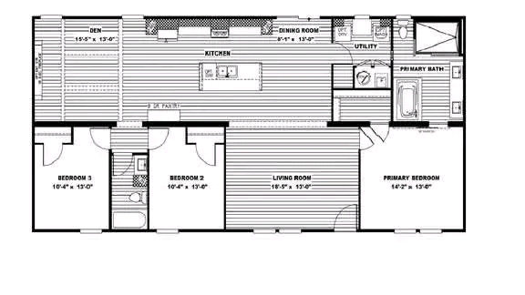 Floor plan of a house showing three bedrooms, a den, living room, kitchen, dining room, utility area, and two bathrooms. The design is organized and detailed.