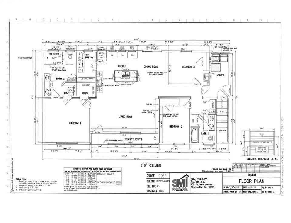 Blueprint of a single-story house with three bedrooms, two bathrooms, living room, kitchen, dining area, and utility room. Dimensions and labels are included.