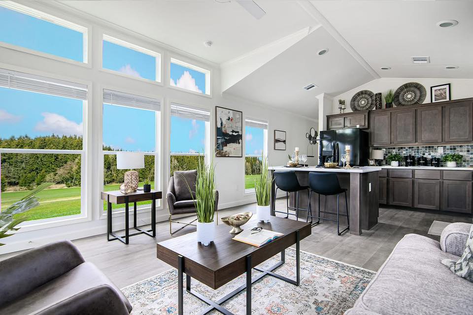 Bright, modern living room with large windows showing green landscape and blue sky. Decor includes grey sofas, plants, and a kitchen with dark cabinets.