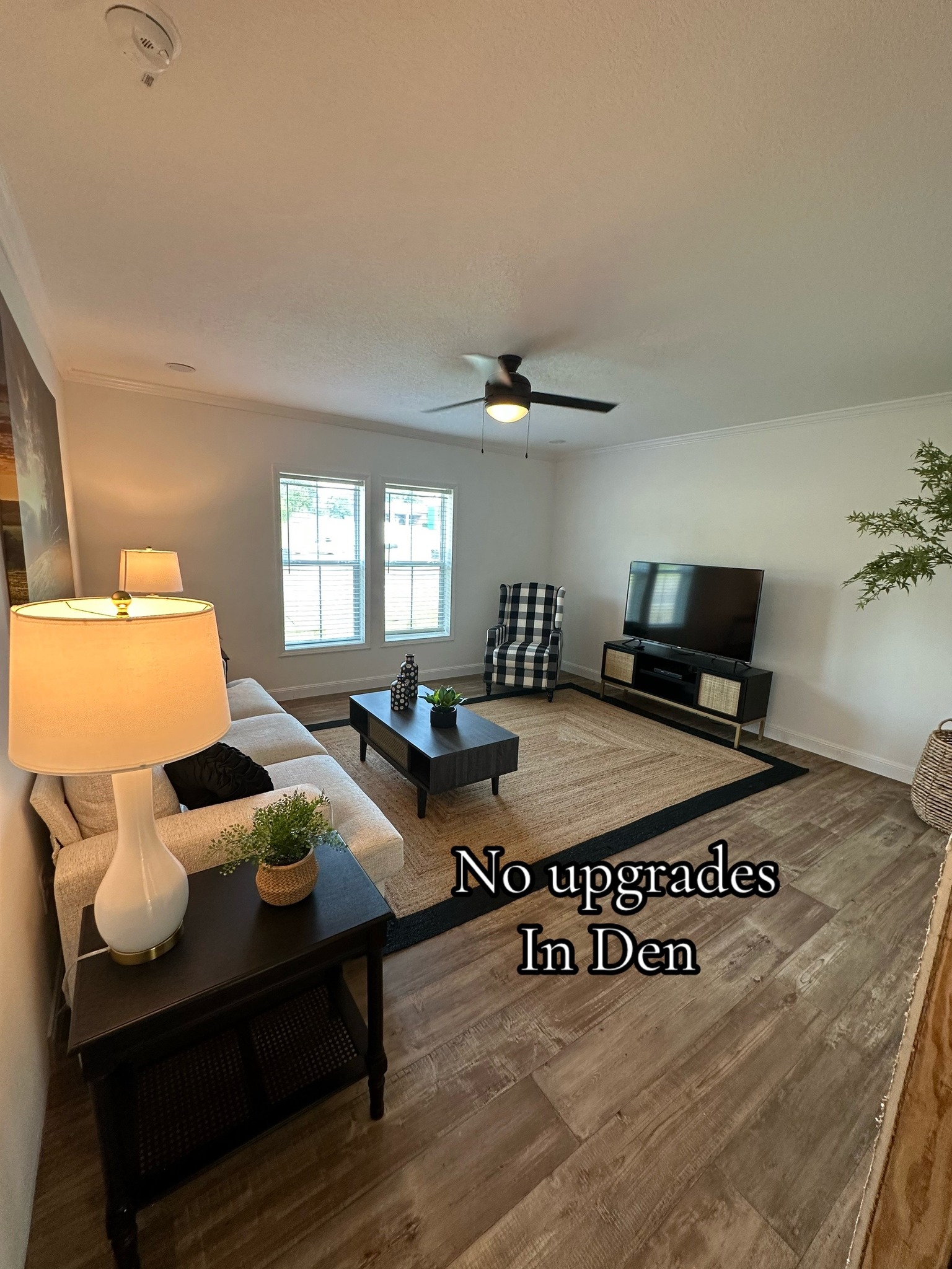 Cozy living room with beige walls, wood flooring, a neutral sofa, and a large TV. Simple decor includes a plaid chair and plants, with text stating "No upgrades In Den."