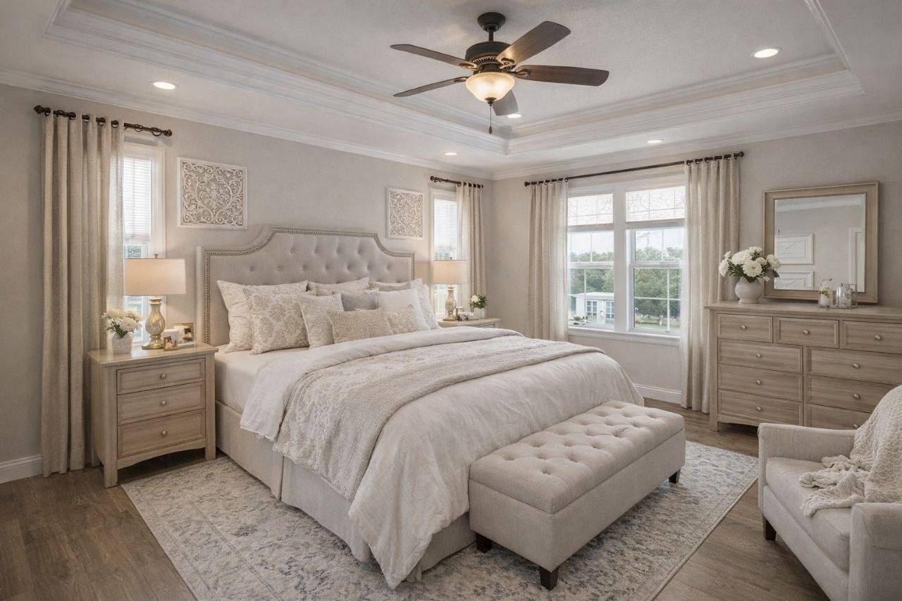 Elegant bedroom with neutral tones; features a large bed with plush pillows, tufted bench, wood furniture, and ceiling fan. Soft lighting creates a calm mood.