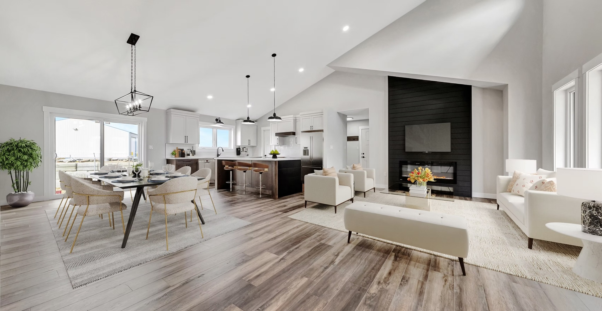 Spacious modern open-concept living area with high ceilings, featuring a kitchen, dining, and lounge. Light wooden floors, neutral tones, and large windows.