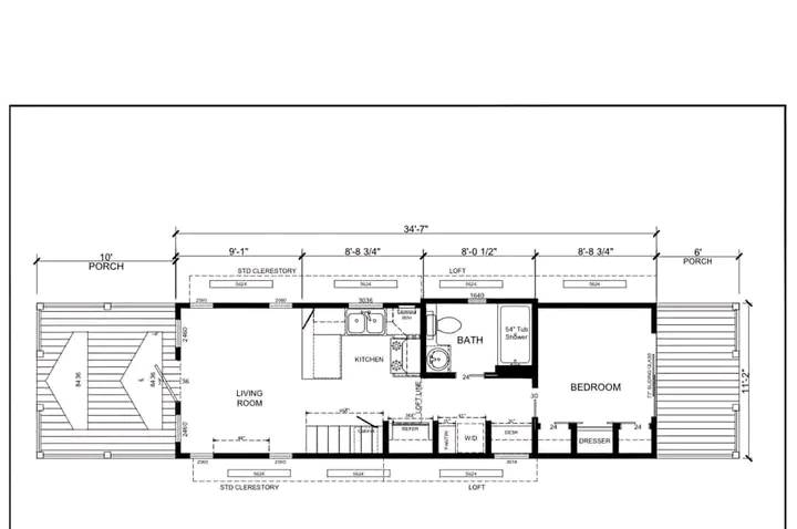 Floor plan of a narrow house with labeled rooms. Kitchen, bath, and living room are centrally located, with a bedroom and porches on both ends.