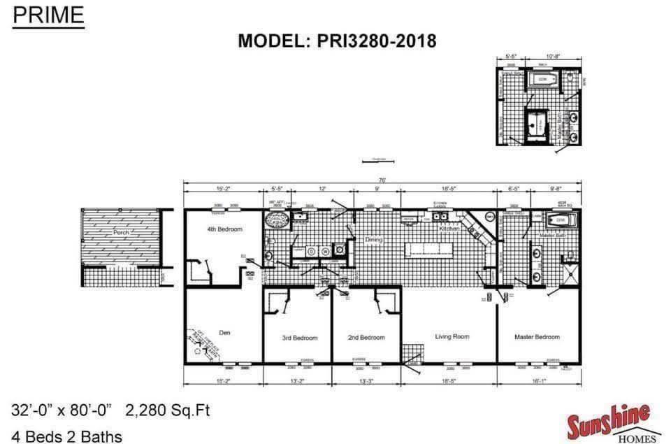 Floor plan of a modular home, model PRI3280-2018. Includes 4 bedrooms, 2 baths, kitchen, dining, living room, and porch. Size: 2,280 sq. ft.