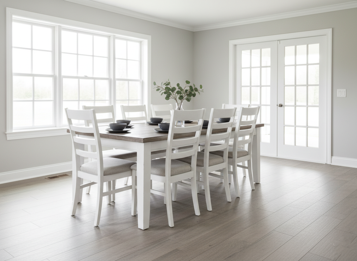 A bright dining room with a wooden table set for six, white chairs, and a simple plant centerpiece. Light streams through large windows and French doors.