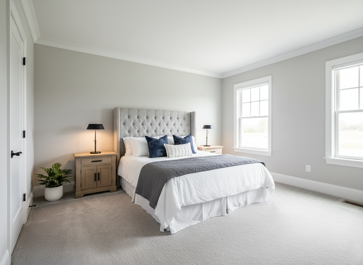 A bright, minimalist bedroom with a tufted gray headboard, white bedding, and blue-gray accents. Two side tables with lamps flank the bed.
