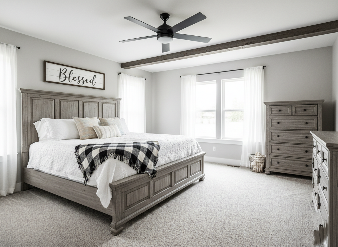 Cozy bedroom with a large wooden bed, plaid throw, and neutral pillows. "Blessed" sign above, bright window, dresser, fan, serene ambiance.