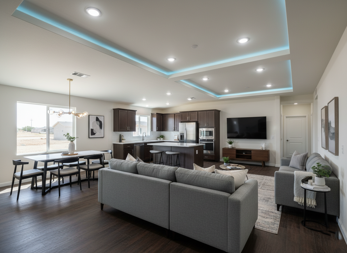 Modern open-plan living area with a kitchen, dining, and lounge. Features sleek dark wood floors, underlit ceiling, and neutral-toned furnishings. Bright and airy atmosphere.