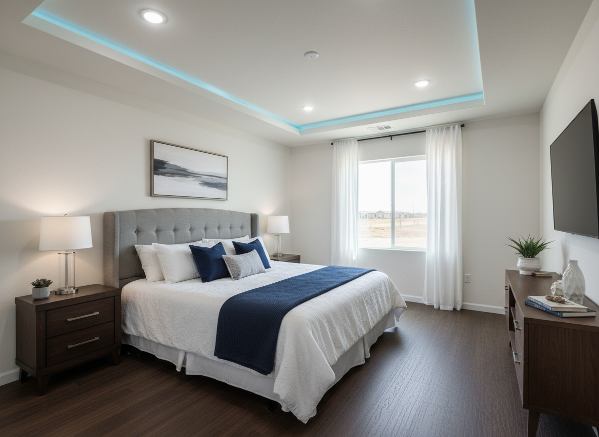 Modern bedroom with a large bed, blue accents, and tufted headboard. Soft lighting, framed art, and a window with sheer curtains create a serene ambiance.
