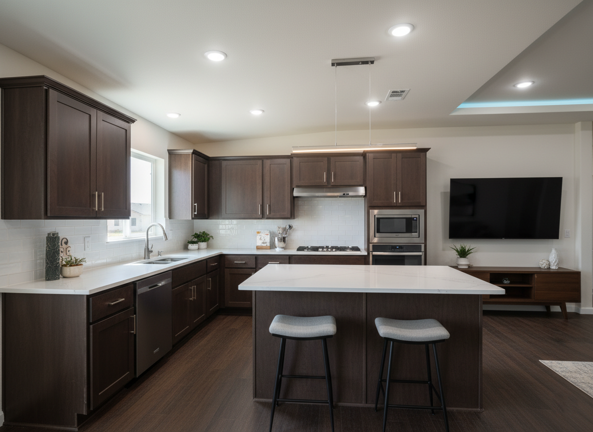 Modern kitchen with dark wood cabinets, white countertops, and a central island with two stools. Includes stainless steel appliances and a wall-mounted TV.
