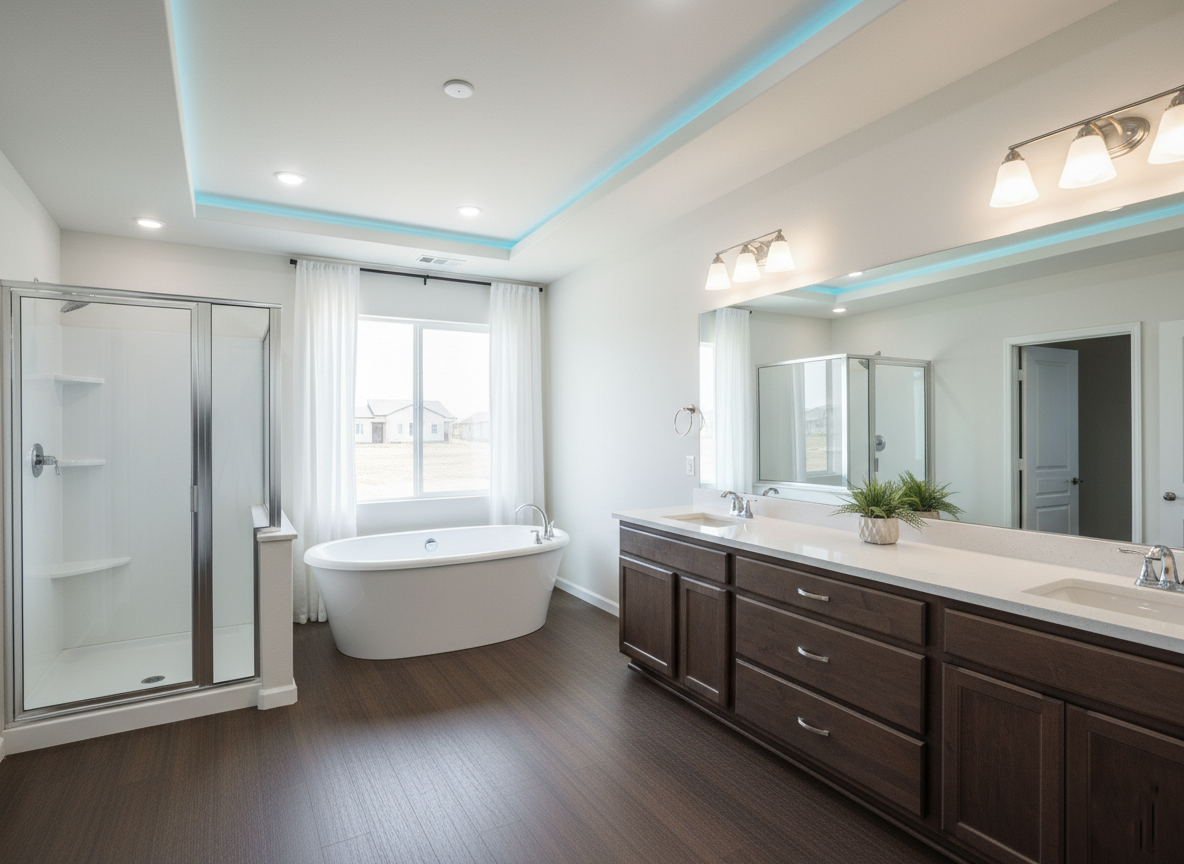 Modern bathroom with a freestanding tub near a window, glass-enclosed shower, and double vanity with dark wood cabinets. Soft lighting creates a serene feel.