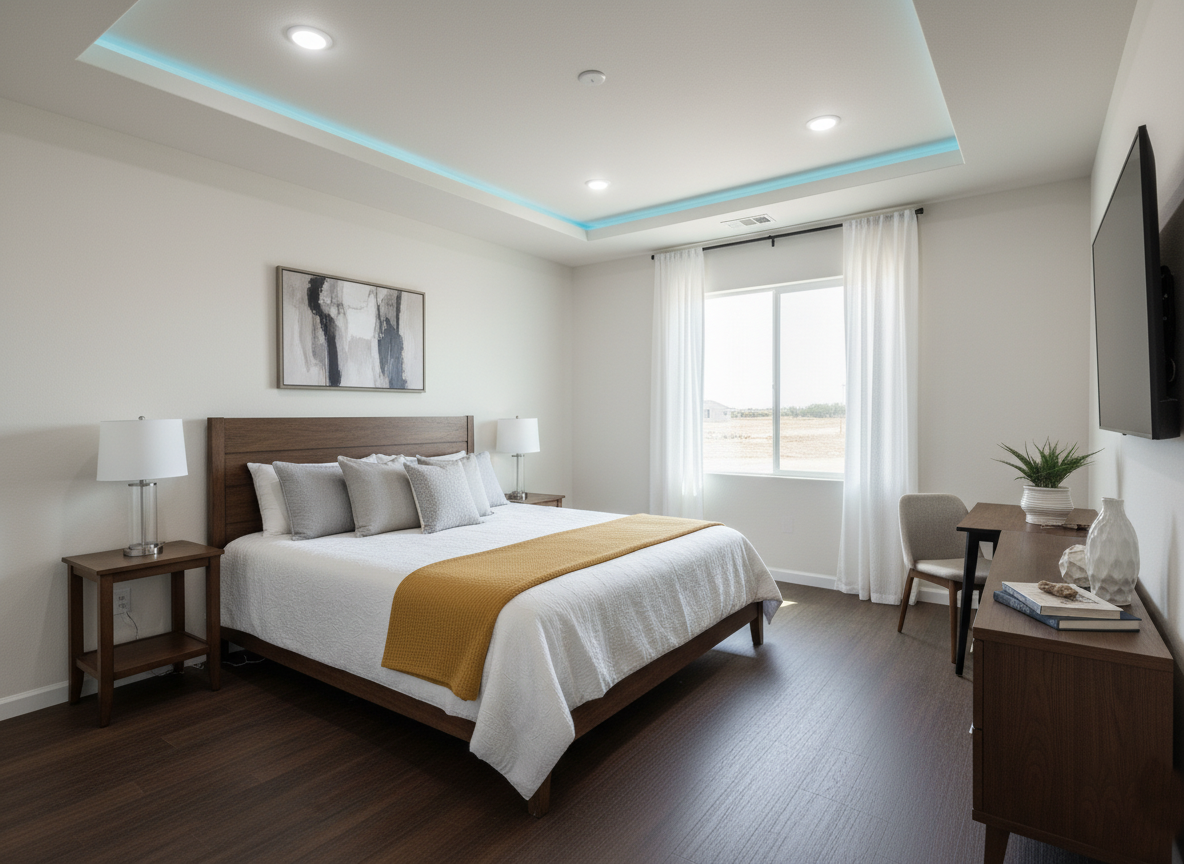 Modern bedroom with a large bed, white and mustard bedding, two bedside lamps, and abstract art. A window with sheer curtains lets in natural light.