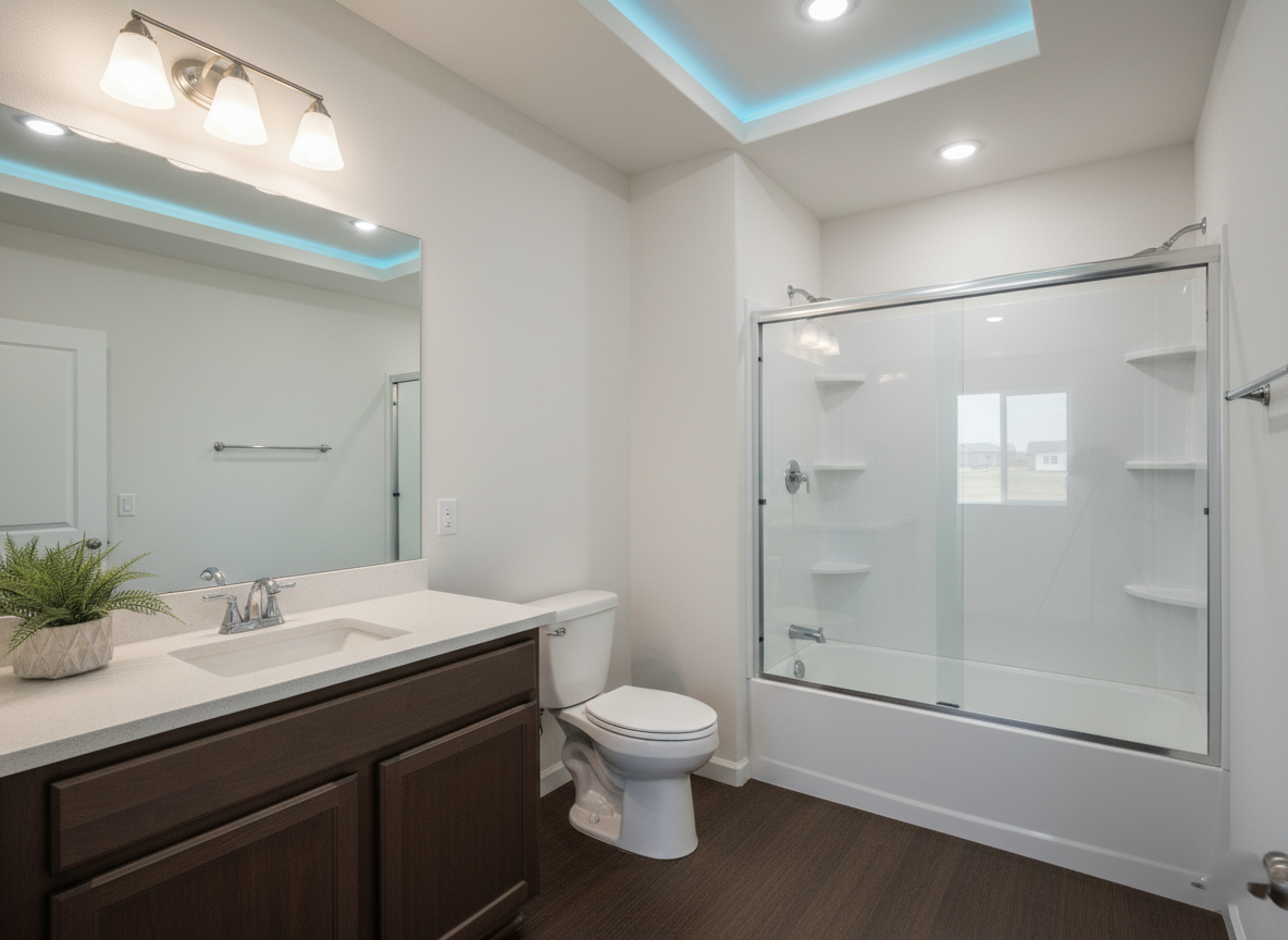 Modern bathroom with a sleek dark wood vanity, white countertop, and metallic faucet. Glass-enclosed shower, toilet, and soft ceiling lighting create a clean, tranquil ambiance.