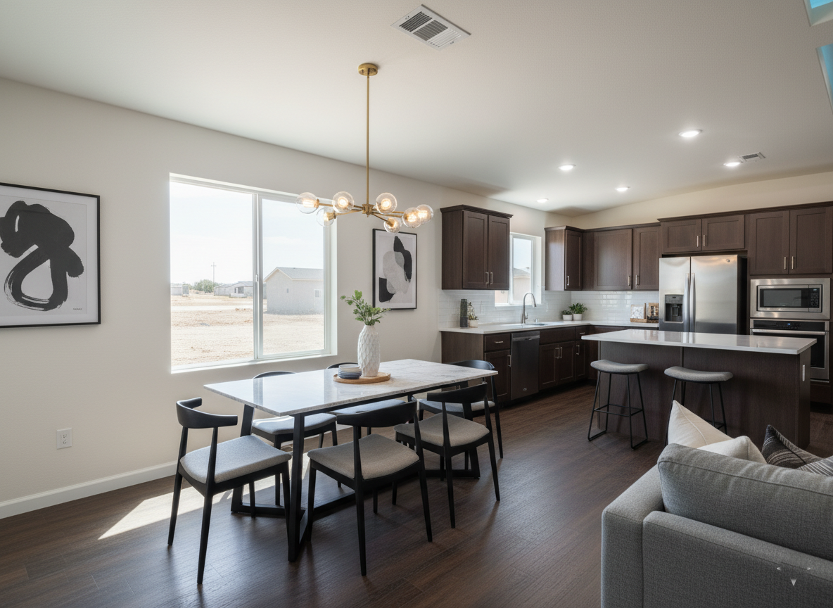 Modern kitchen and dining area with dark wood floors. Features include a marble dining table, cushioned chairs, sleek kitchen cabinets, and a stainless steel fridge. Ambient light from a stylish chandelier and a large window creates a warm, inviting atmosphere. Minimalist art decorates the walls.