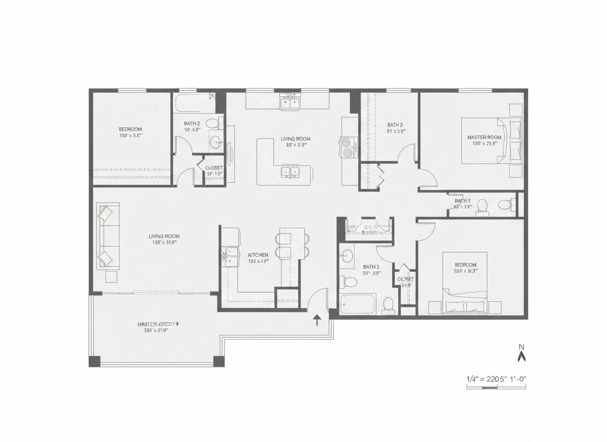 Floor plan of a house featuring three bedrooms, two bathrooms, a kitchen, two living rooms, and a master office, designed for spacious living.