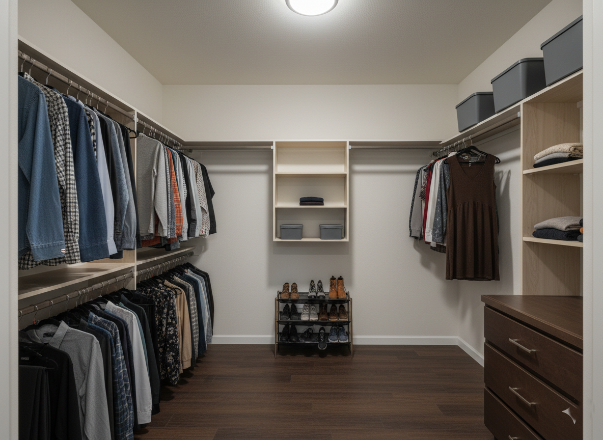 A well-organized walk-in closet with clothing on hangers, folded clothes on shelves, and shoes neatly arranged. The space is tidy and modern.