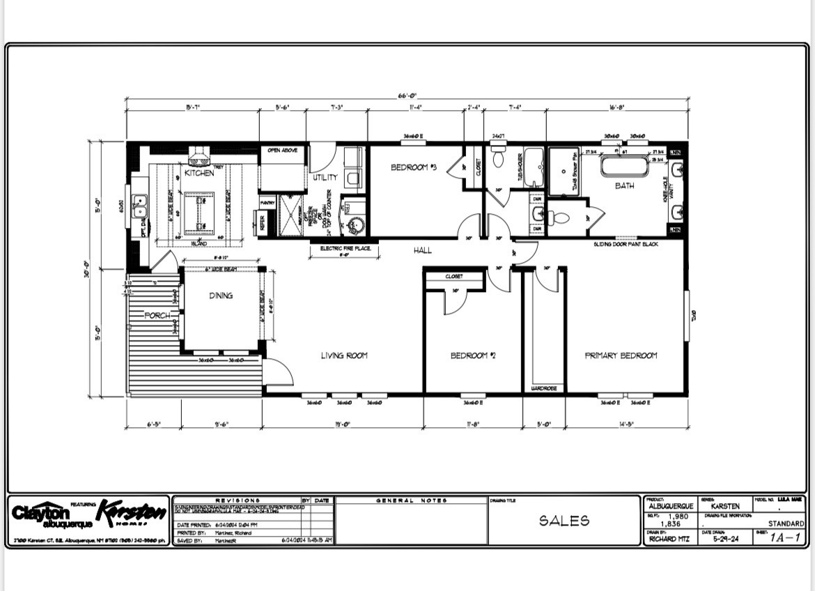 Blueprint of a house layout featuring three bedrooms, a living room, kitchen, dining area, and two bathrooms. Includes measurements and labels.